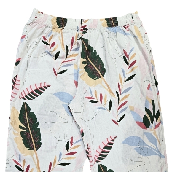 Cynthia Rowley 100% Linen White Tropical Leaf Pull On Wide Leg Pants Beachy - Picture 5 of 10